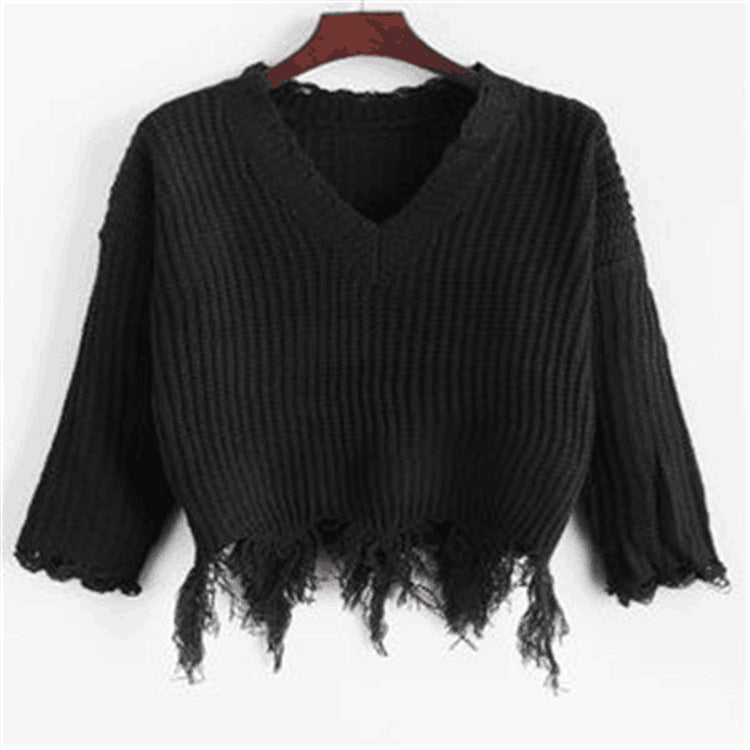 Dame afslappet V-hals pullover med frynsede kanter Stilla