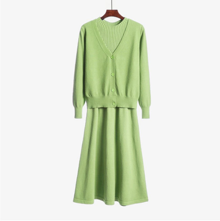 Femme Elegant Strikkardigan og ærmeløs Kjole Sæt Stilla