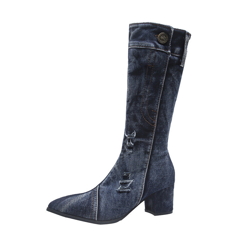 Dame mode støvler i denim-look med elegante sømme og robust blokhæl Stilla