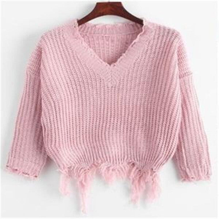 Dame afslappet V-hals pullover med frynsede kanter Stilla