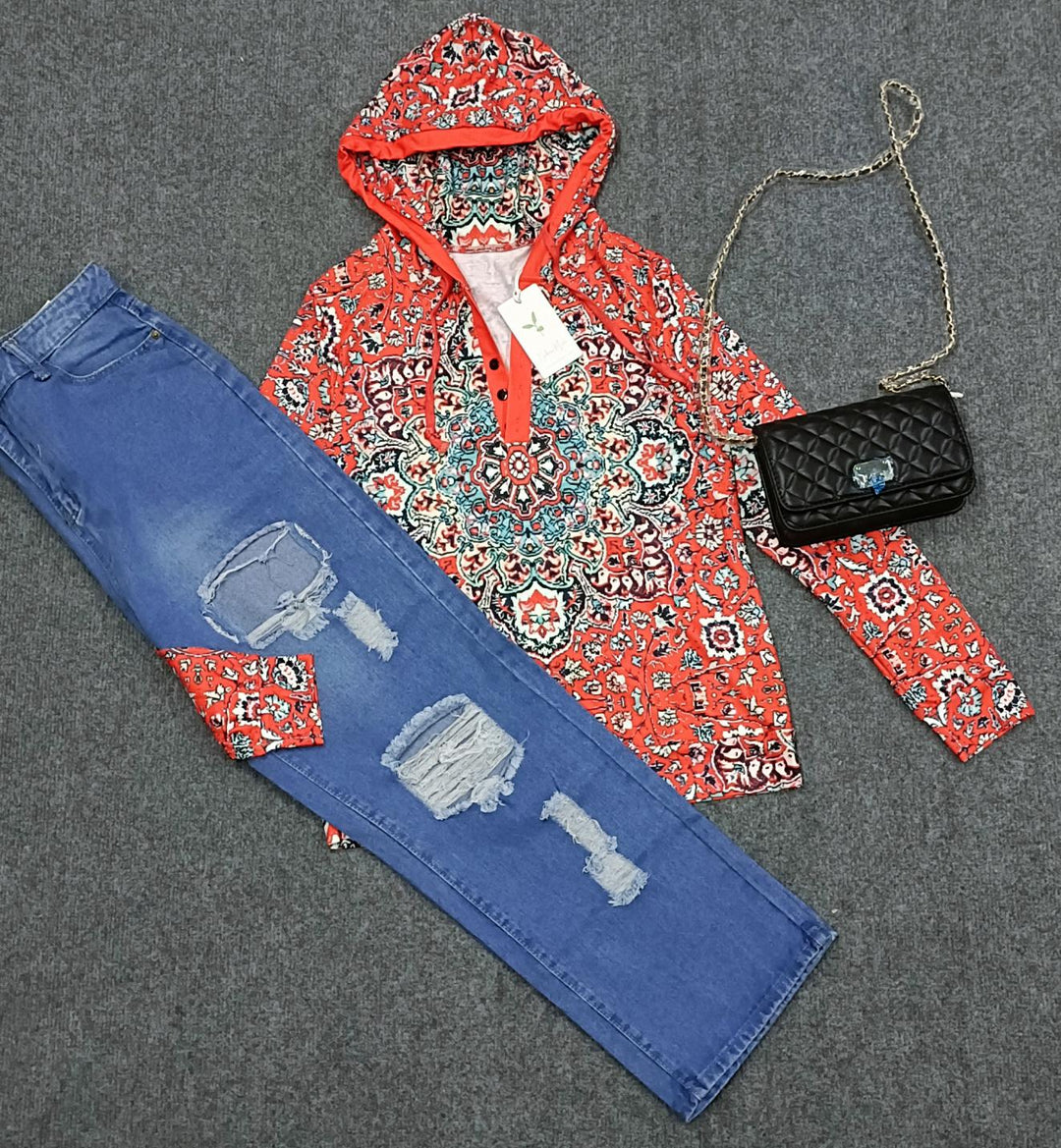 Stilla | Sweat-henley Mit Rotem Mandala-druck und Langen Ärmeln