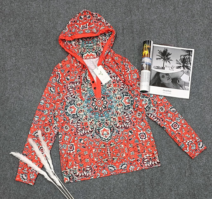 Stilla | Sweat-henley Mit Rotem Mandala-druck und Langen Ärmeln