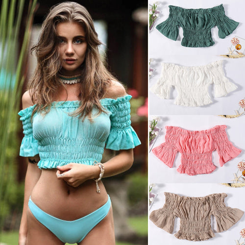 Dame Off-Shoulder Bluse med ruffles detaljer og elastisk bånd Stilla