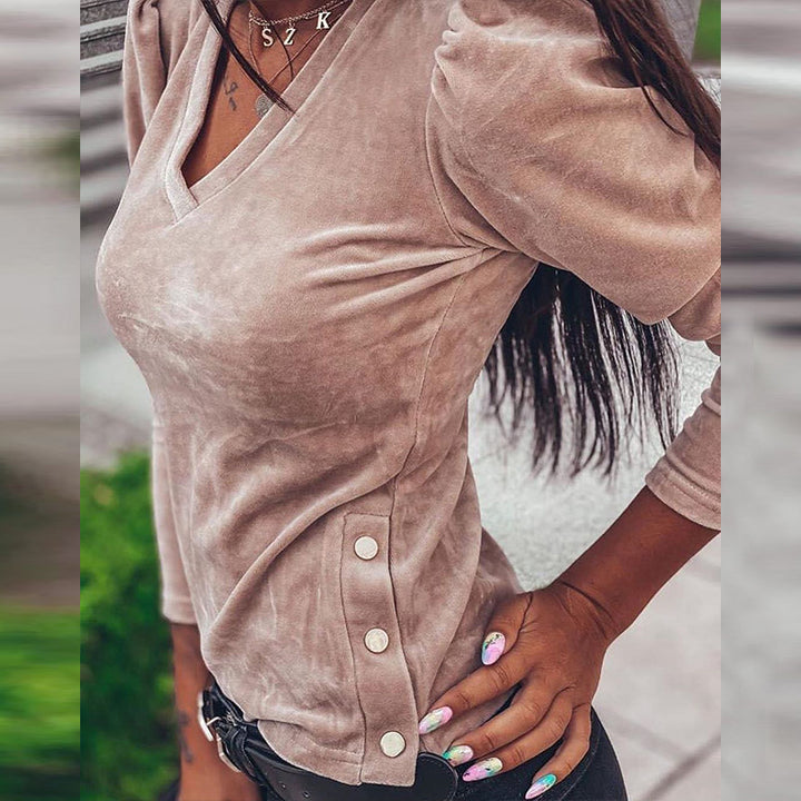Damer Elegant V-hals Bluse med Pufærmer i Velours Stilla