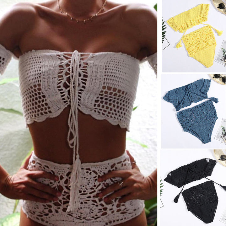 Dame hækle-bikini-sæt med dekorative frynser og trendy top Skovae