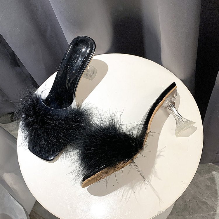 Dame Pantolette med luksuriøs kunstpels og elegant gennemsigtigt hæl Stilla
