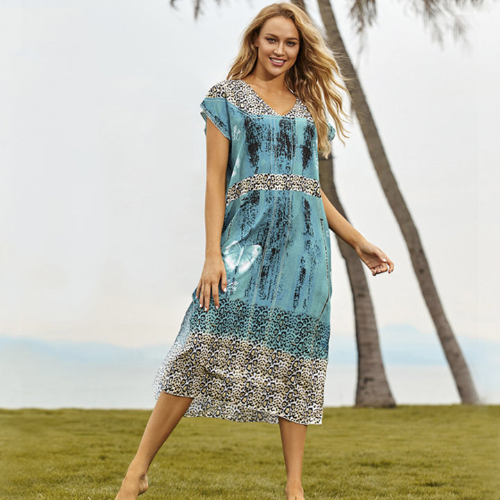 Dame Kaftan-kjole med elegant mønsterkombination og let gennemsigtigt stof Stilla