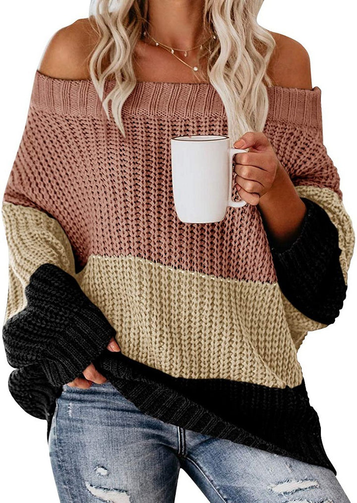 Dame afslappet strikpullover med bred udskæring og farveblokdesign Stilla