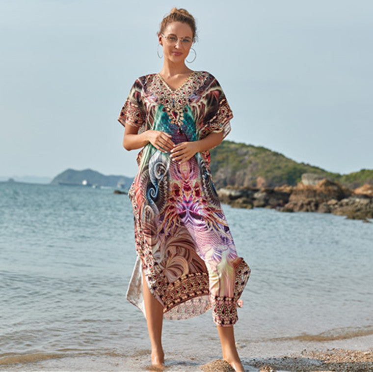 Dame luftig strandponcho med kunstneriske mønstre Stilla
