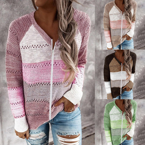 Kvinders strikket sweater med lynlås og luftige ribdetaljer Stilla