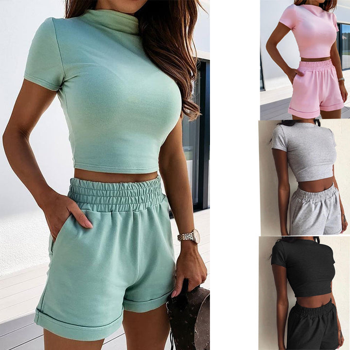 Dame Cropped Rullekraveoverdel og Relaxed Fit Shorts Sæt Stilla