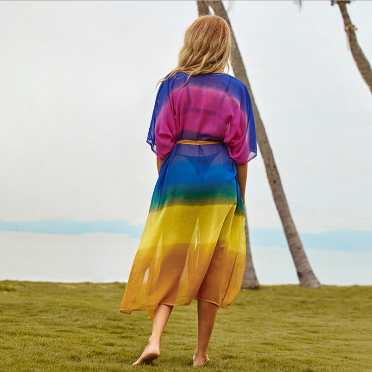 Dame Strandkimono med flydende chiffon og farverig gradient Stilla
