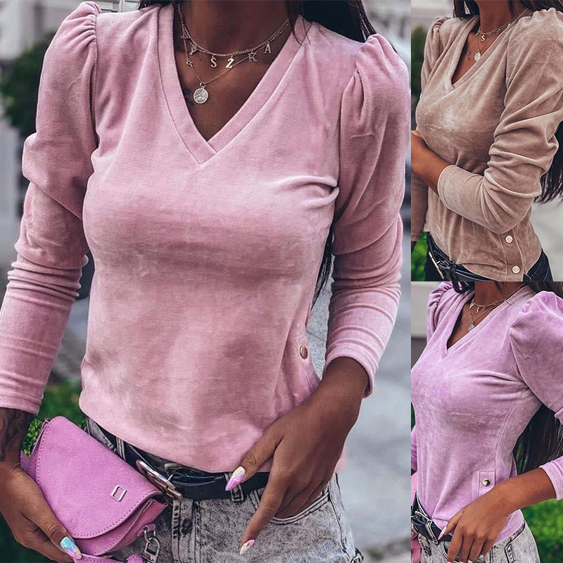 Damer Elegant V-hals Bluse med Pufærmer i Velours Stilla