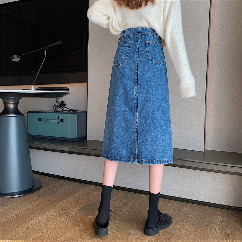 Kvindernes denim midi nederdel med aftagelig bælte Stilla