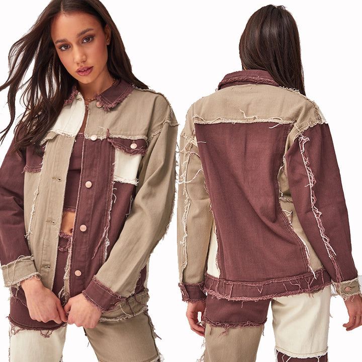 Dame Oversized Jeansjakke med moderne Colorblock-design og afslappede frynser Stilla