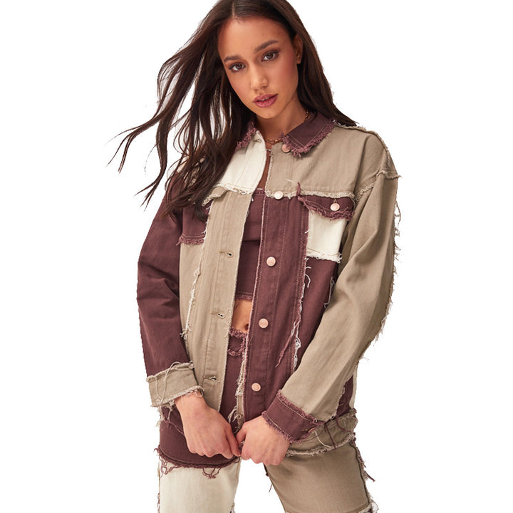 Dame Oversized Jeansjakke med moderne Colorblock-design og afslappede frynser Stilla