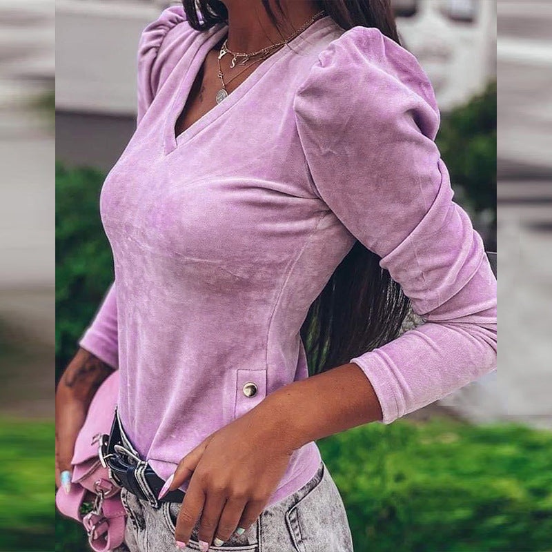 Damer Elegant V-hals Bluse med Pufærmer i Velours Stilla
