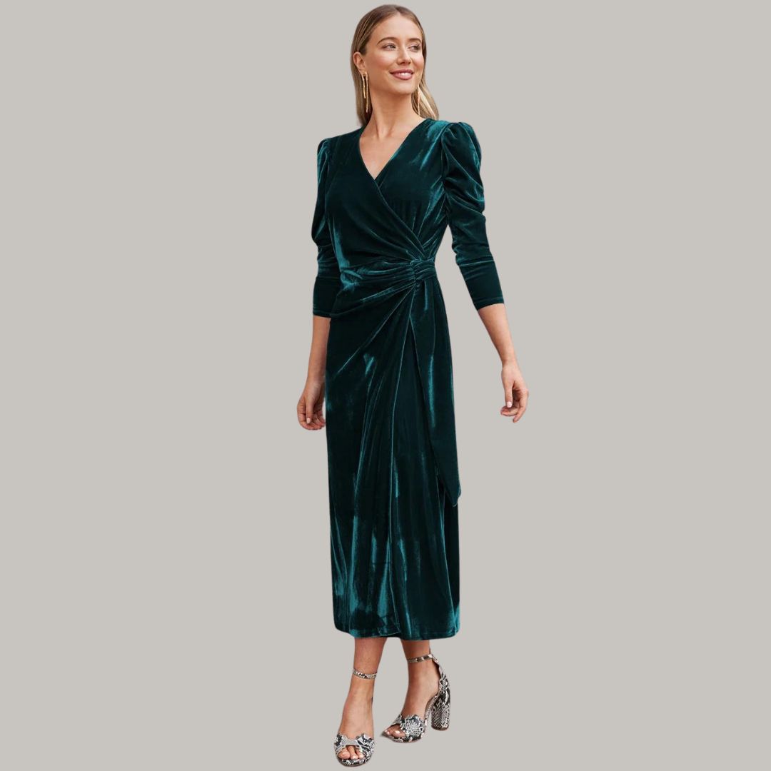 Stilla | Lang Midi Kjole Wrap-Type af Velours med Puffærmer