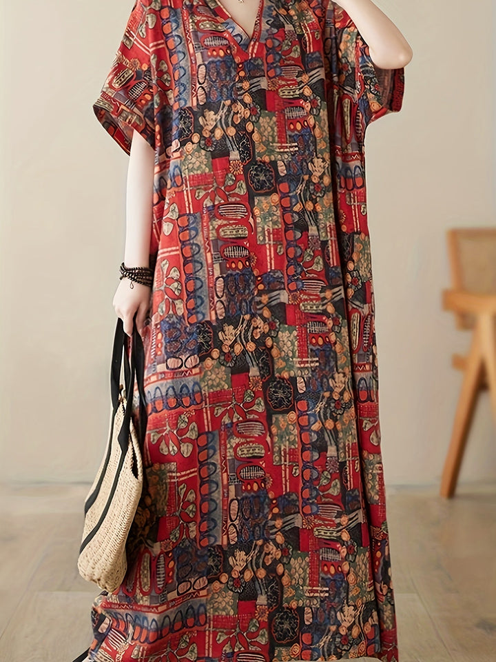 Stilla | Boho Linned Maxi Kjole Med Lommer V-Hals, Korte Ærmer