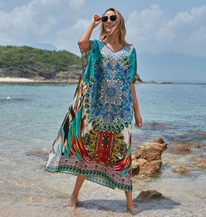 Dame luftig strandkaftan med kunstnerisk mandalamønster og brede ærmer Stilla