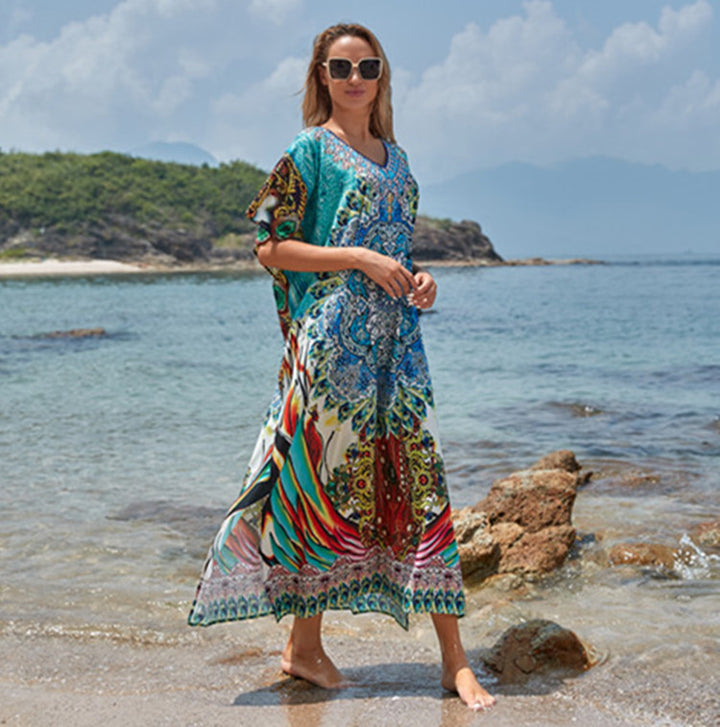 Dame luftig strandkaftan med kunstnerisk mandalamønster og brede ærmer Stilla