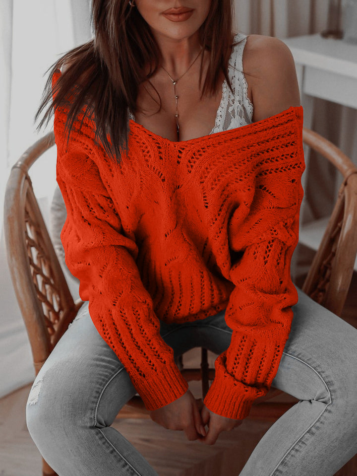 Dame trendy strikket sweater med åben skulderdesign og dekorativt hulmønster Stilla