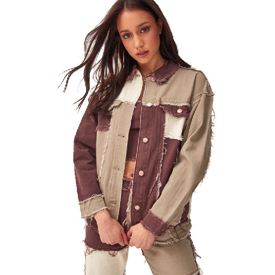 Dame Oversized Jeansjakke med moderne Colorblock-design og afslappede frynser Stilla
