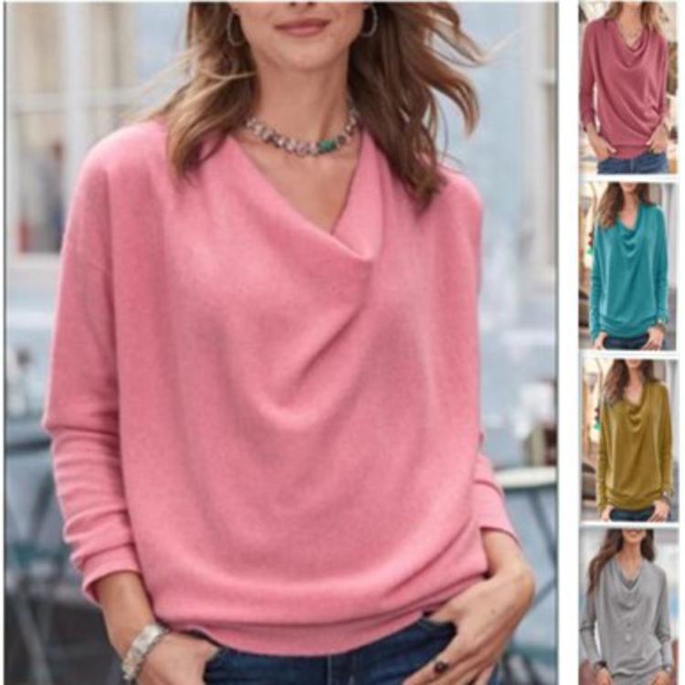 Dame afslappet sweater med elegant vandfaldudskæring og fint strik Stilla