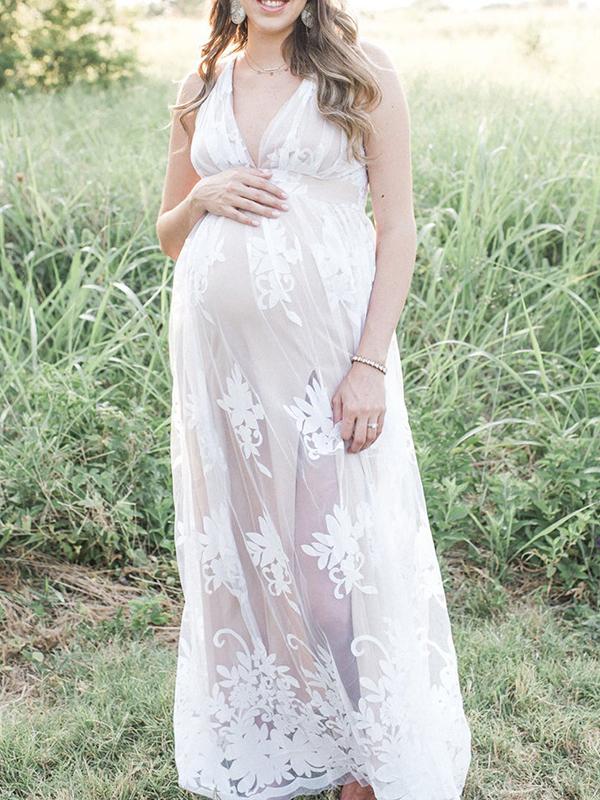 Stilla | Kjole Til Fotoshoot Net Broderi Maxi Maternitet Kjole Elegante Festkjole