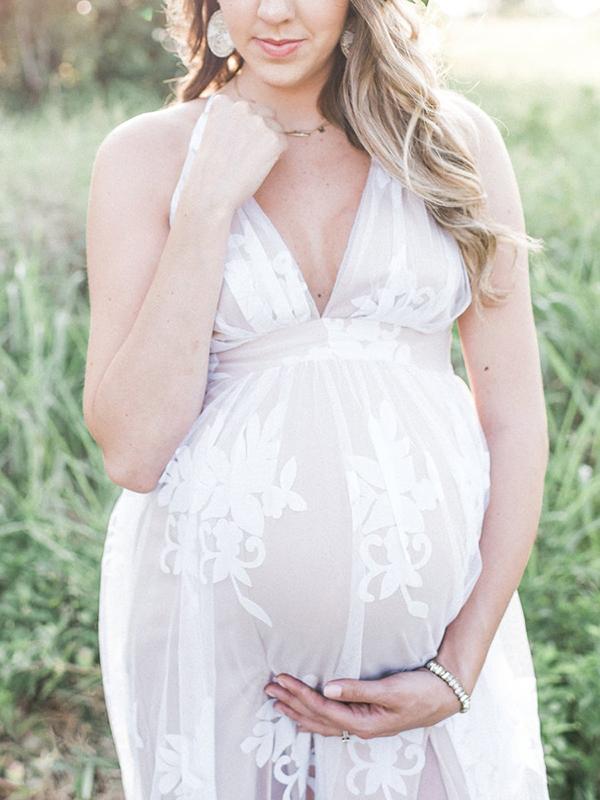 Stilla | Kjole Til Fotoshoot Net Broderi Maxi Maternitet Kjole Elegante Festkjole