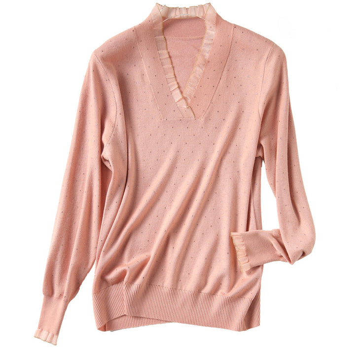 Dame elegant sweater med flæsedetaljer og glimmerdetaljer Stilla