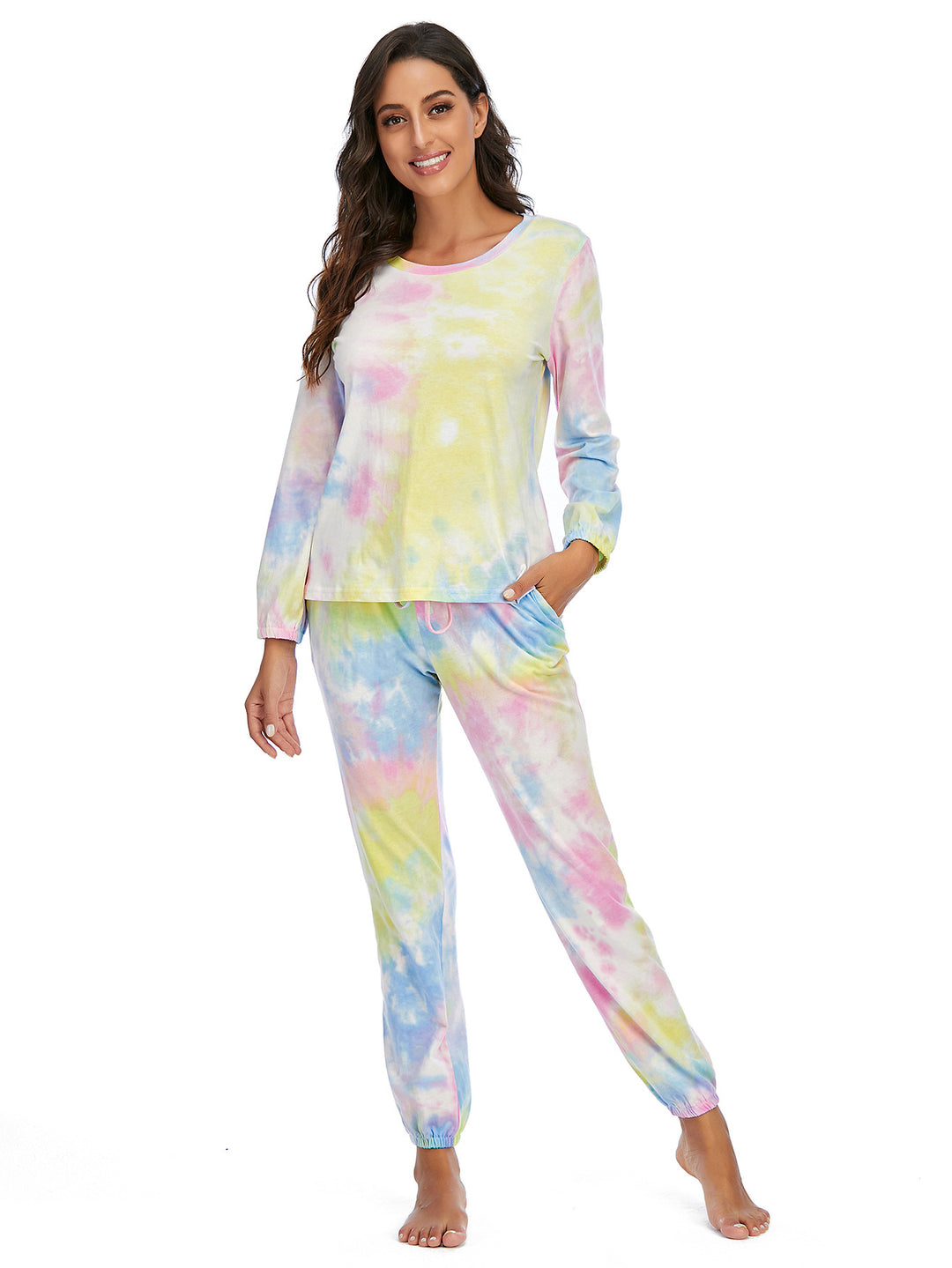 Dame hyggeligt loungewear-sæt med moderne tie-dye-design Stilla