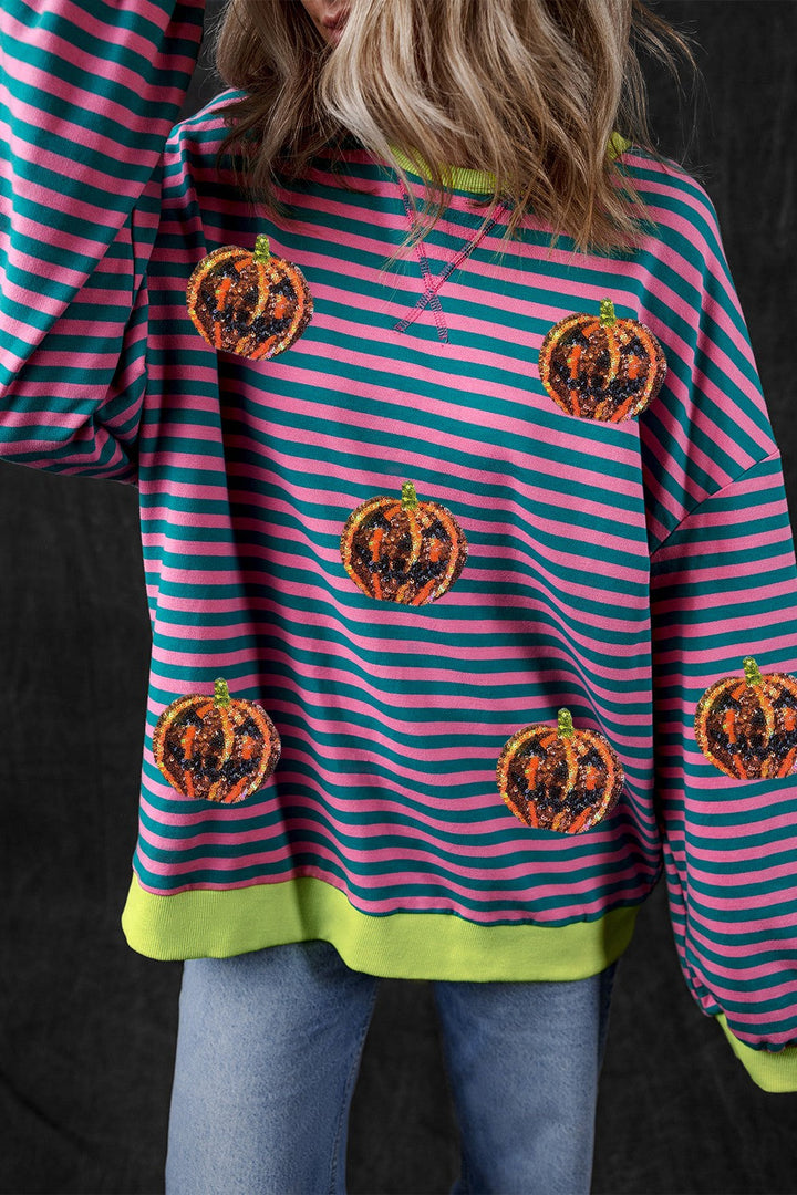 Stilla | Langærmet Sweatshirt med Rund, Stribet Græskar Uddybning