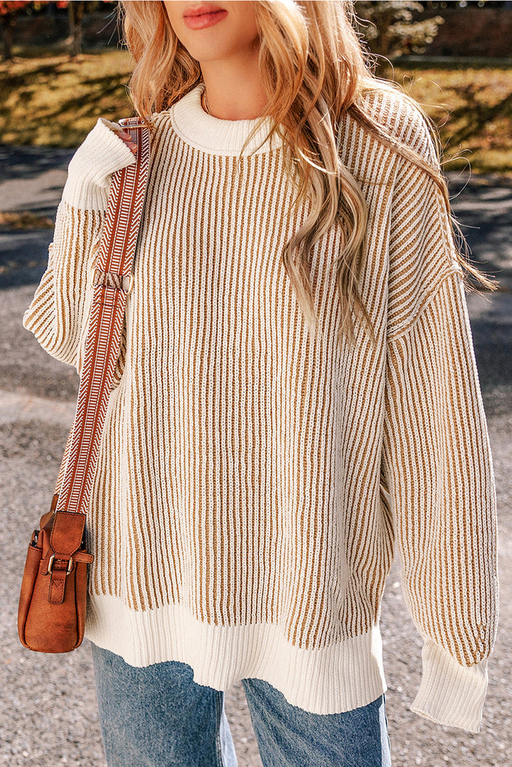 Stilla | Bredstribet Pullover i Lysrosa Med Kontrastfarvet Kant