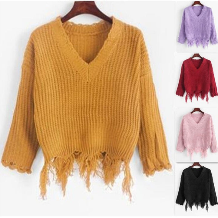 Dame afslappet V-hals pullover med frynsede kanter Stilla
