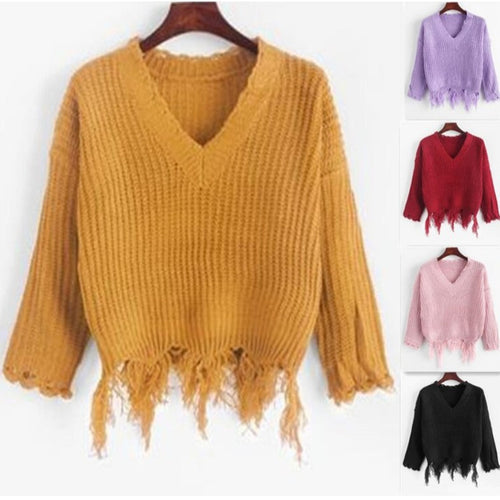 Dame afslappet V-hals pullover med frynsede kanter Stilla