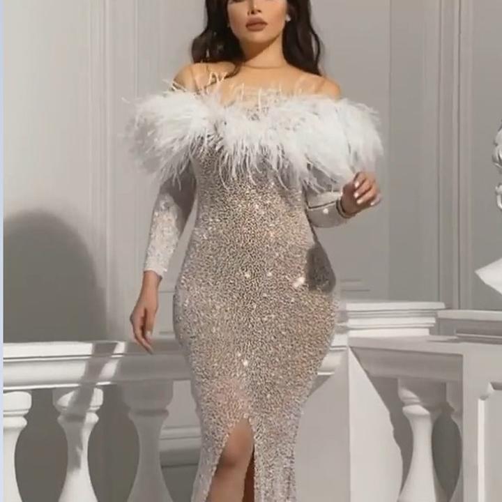 Dame Glamourøst Aftenkjole med Fjer og Pailletter Stilla