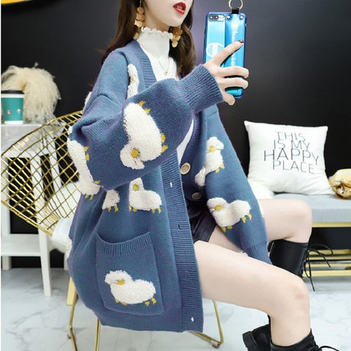 Damer Løs Strikket Jakke med Dyremotiv og Store Knapper Stilla