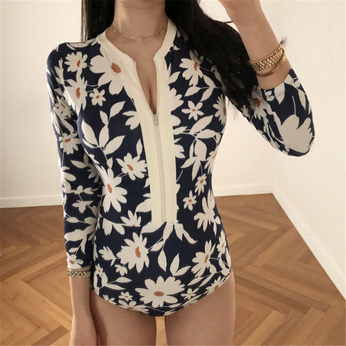 Dame Langærmet Floral Print Zip-Up Badedragt Stilla