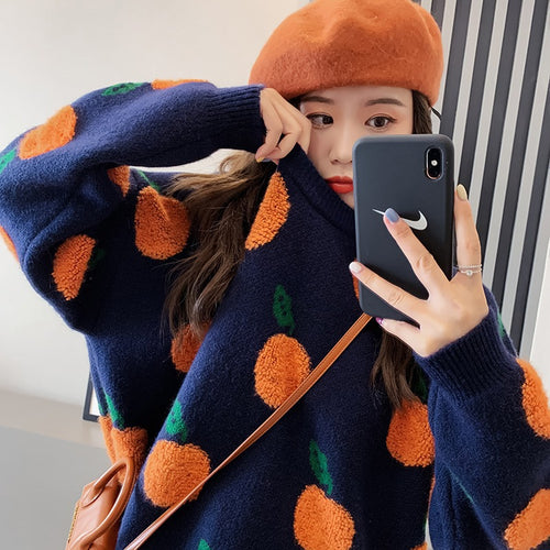 Dame Grafik Strikpullover med Frugtmotiv Stilla