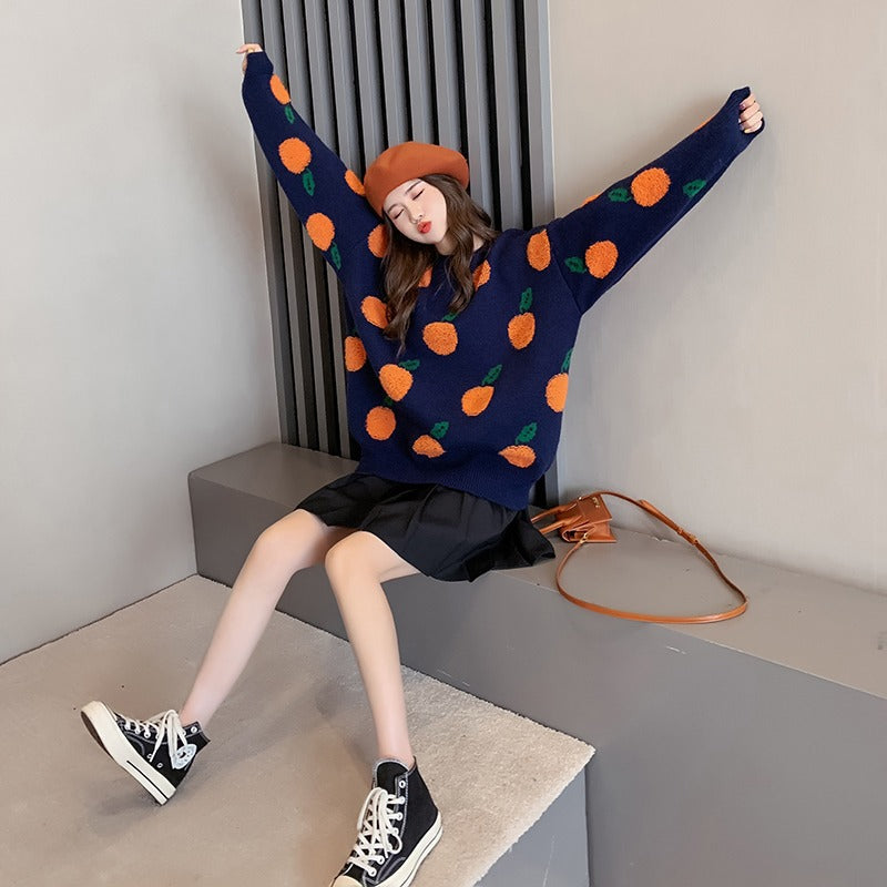Dame Grafik Strikpullover med Frugtmotiv Stilla