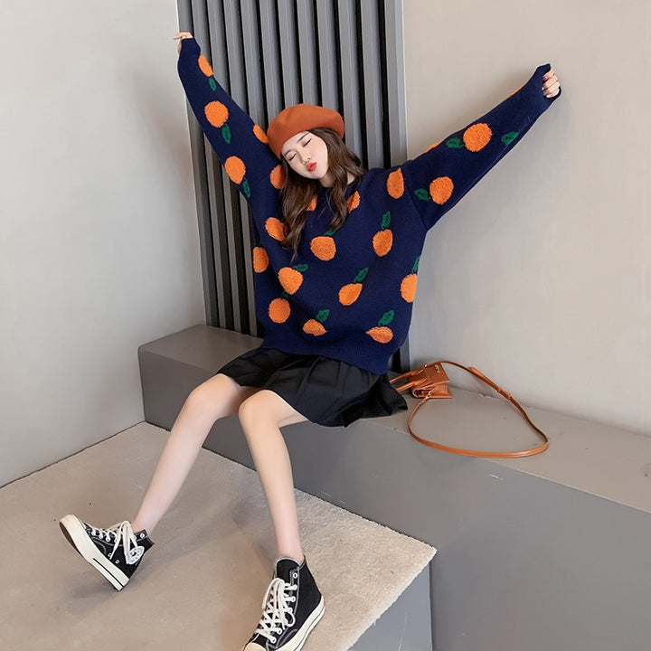 Dame Grafik Strikpullover med Frugtmotiv Stilla