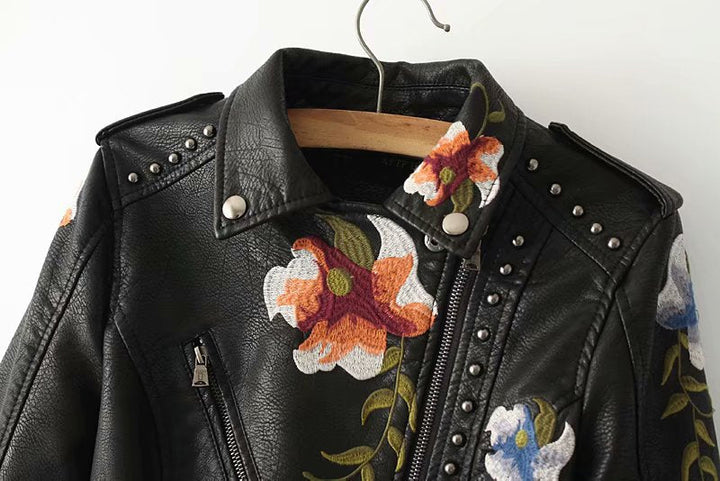 Stilla | Jakke i Læder med Broderede Blomster til Kvinder