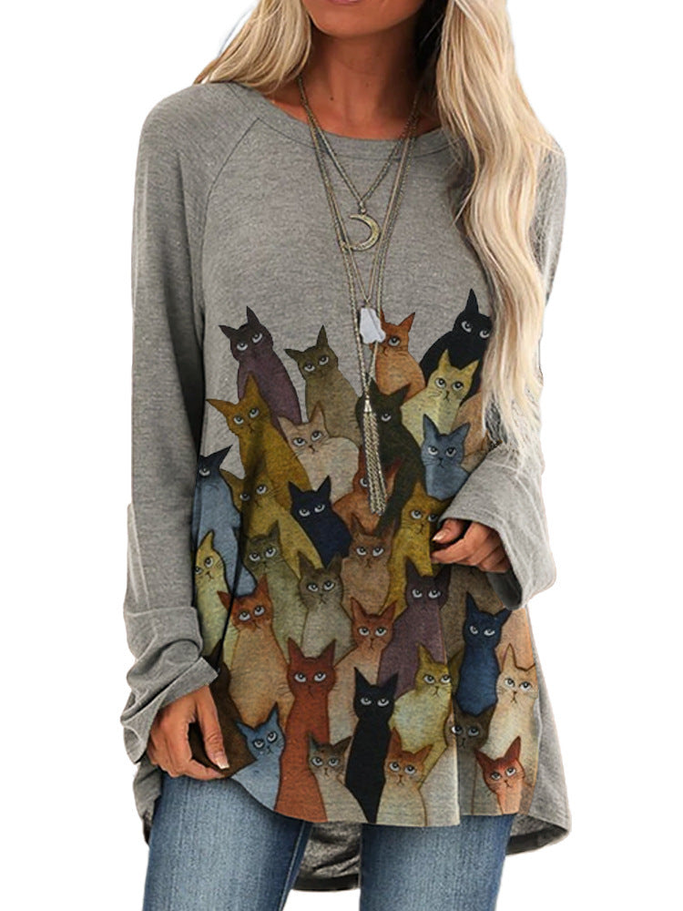 Dame afslappet T-shirt med kattemotiv og oversized snit Stilla