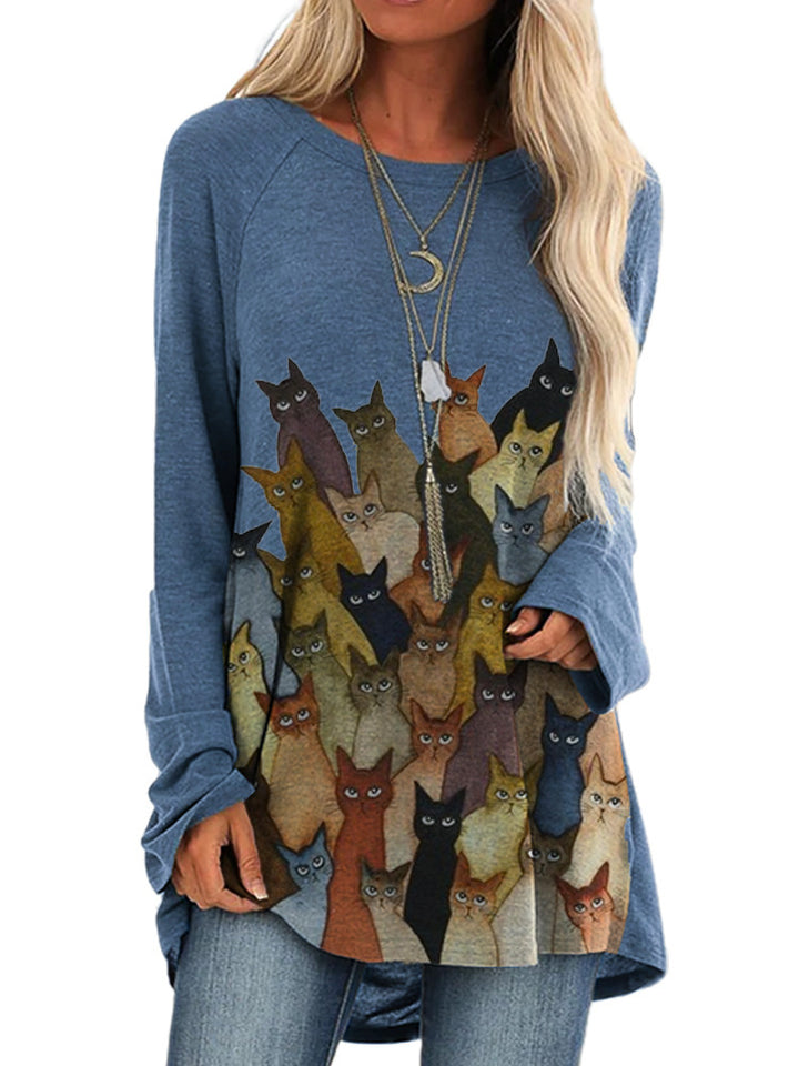 Dame afslappet T-shirt med kattemotiv og oversized snit Stilla