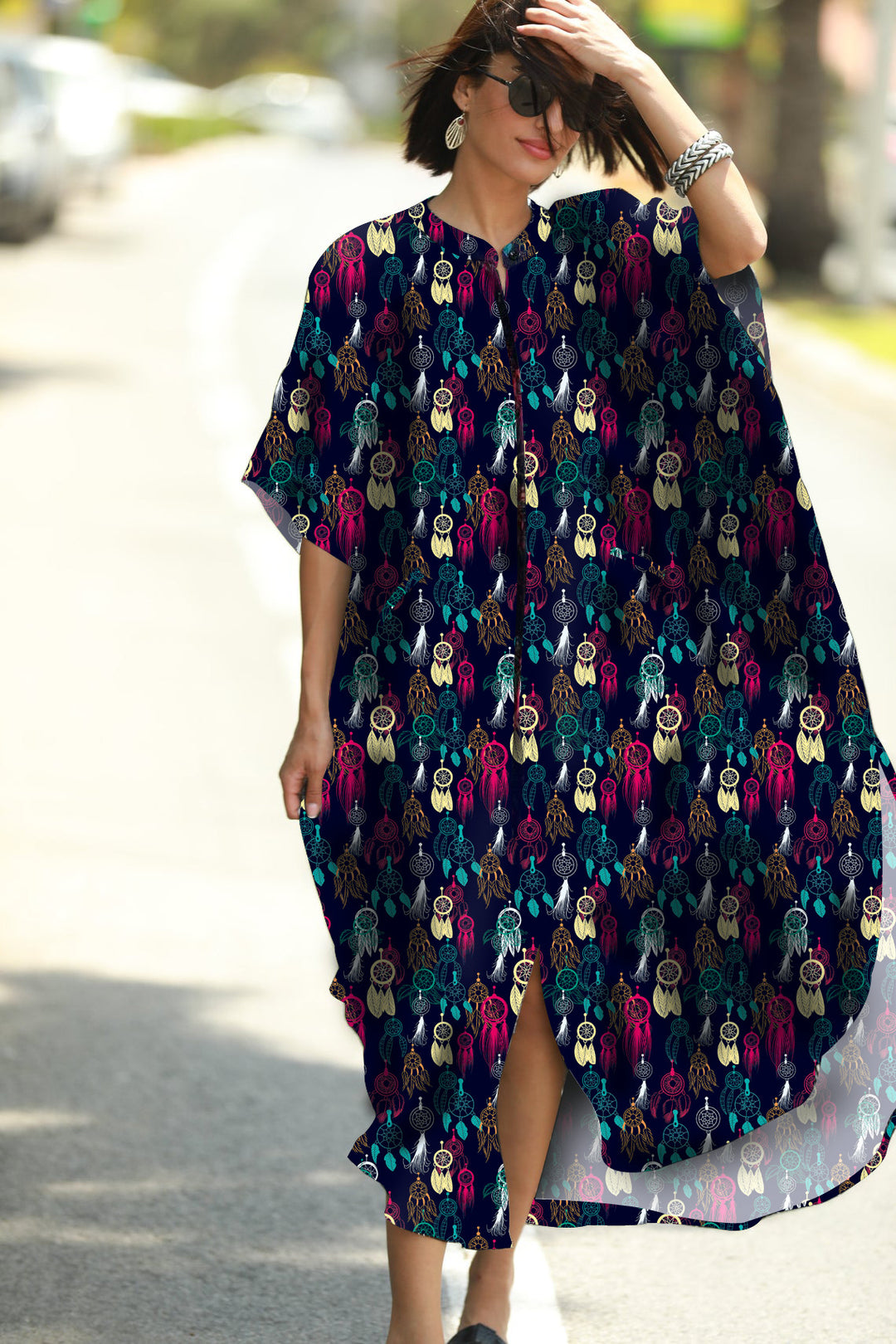 Dame Kaftan med stilfulde striber og knapliste Stilla