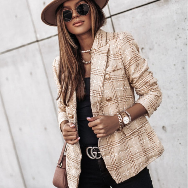 Dame Tweed Blazer i klassisk ternet mønster med gyldne knapper Stilla