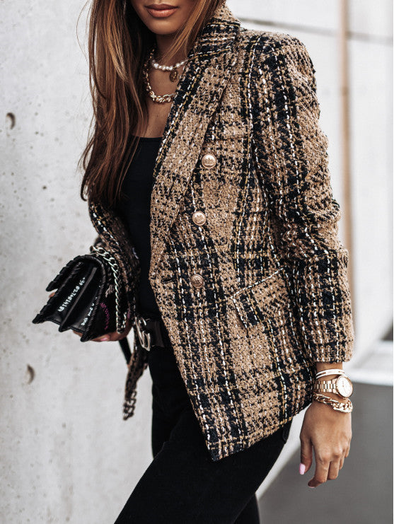 Dame Tweed Blazer i klassisk ternet mønster med gyldne knapper Stilla