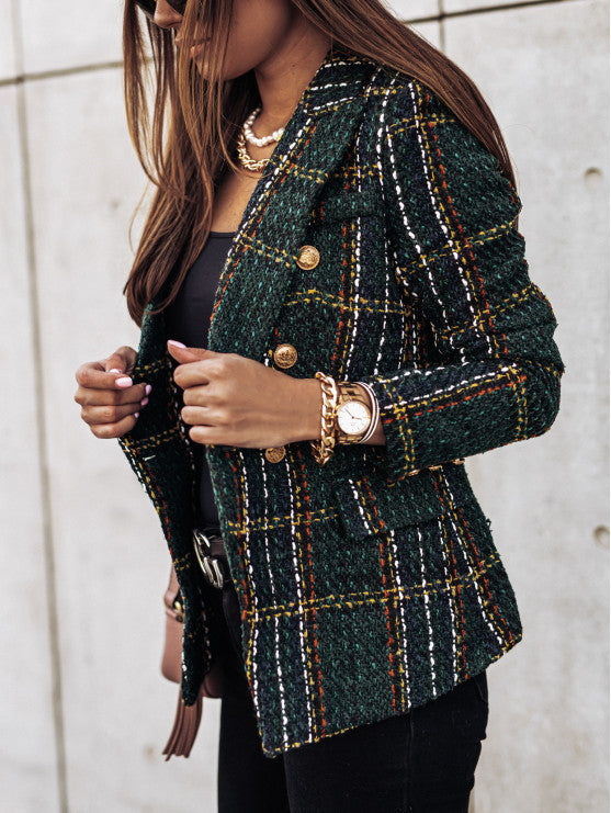 Dame Tweed Blazer i klassisk ternet mønster med gyldne knapper Stilla