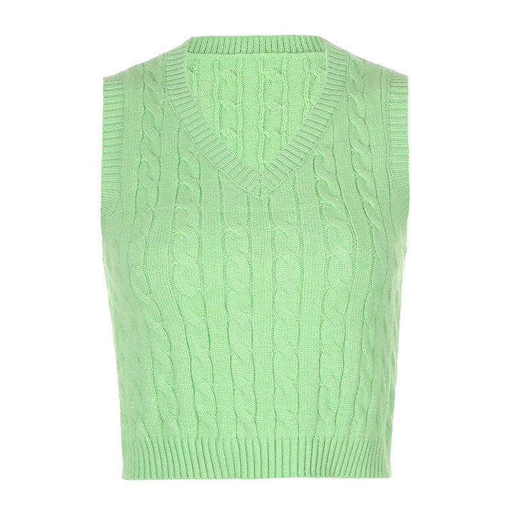 Dame strik-crop-top med v-halsudskæring og fletmønster Skovae